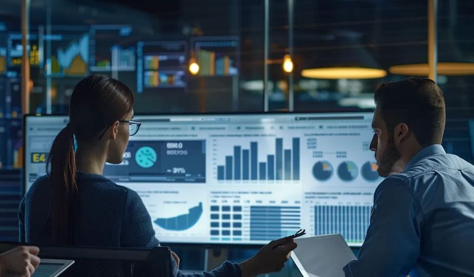 Analysts study data surfaced by a proposal management software tool